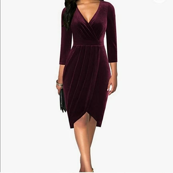 Insnova Maroon Wine Velvet Plunge Dress 
